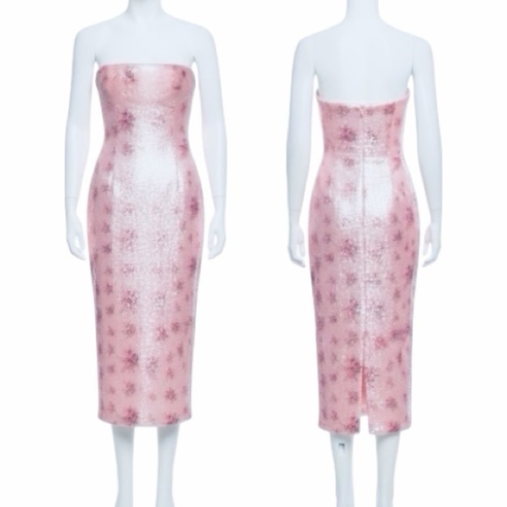 LoveShackFancy Stasia Sequin Floral Strapless Pink Cocktail Midi Dress NEW - Picture 12 of 15